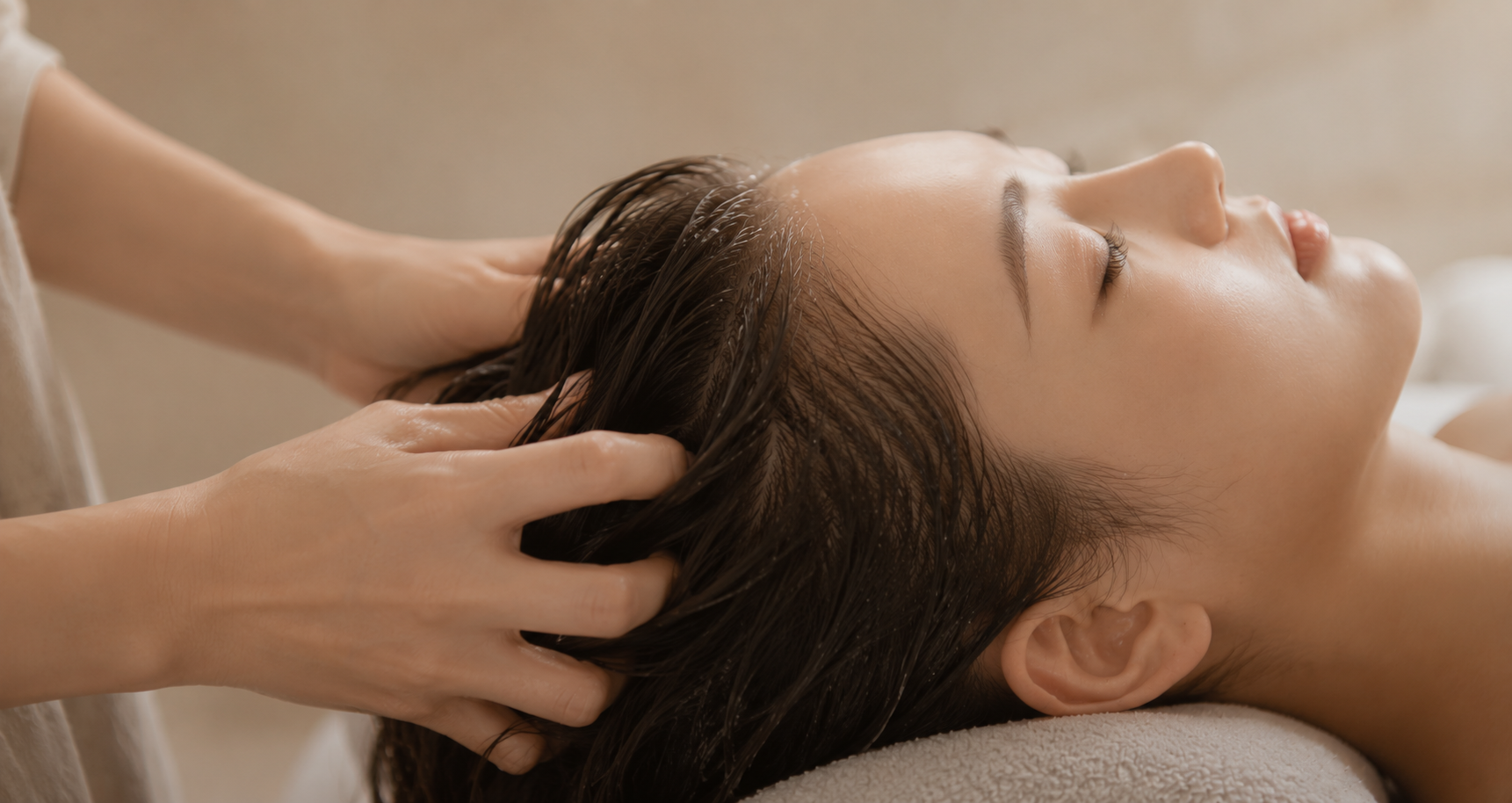 Close-up of head spa massage with traditional comb
