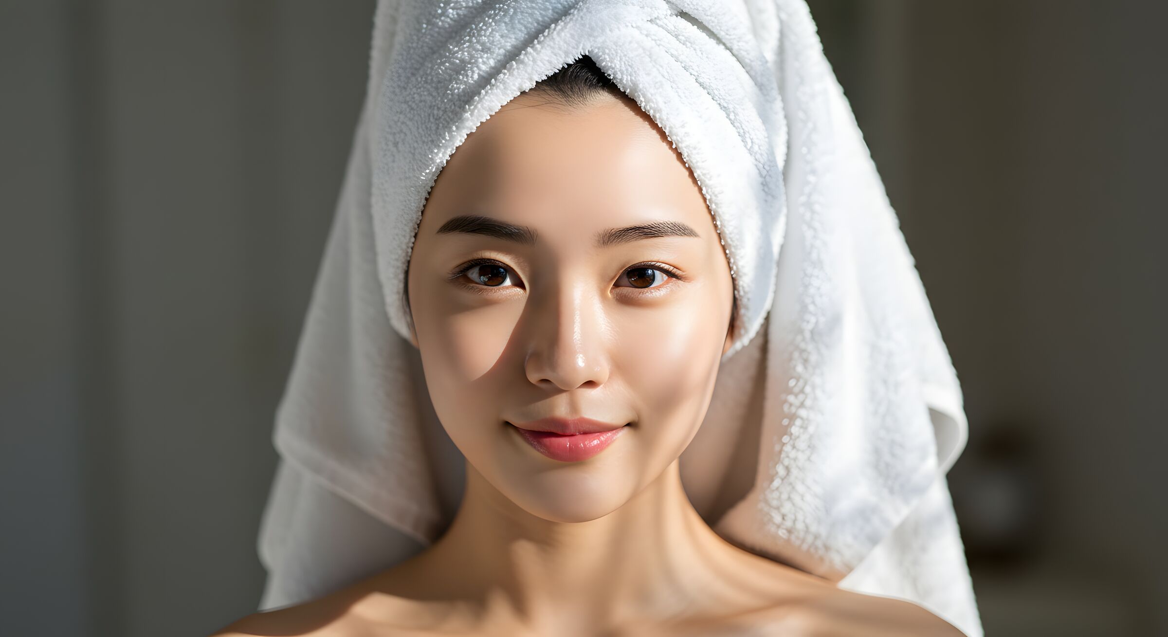 Smiling woman with a white towel wrapped around her hair